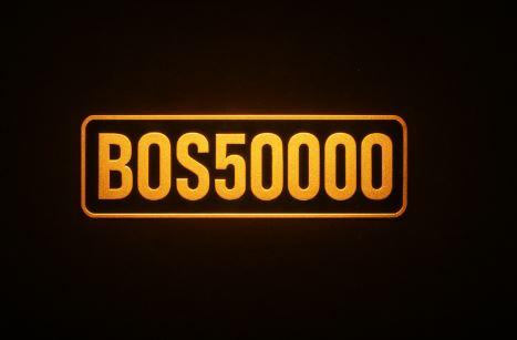 Logo BOS50000 warna emas bersinar dengan latar gelap bertema teknologi modern
