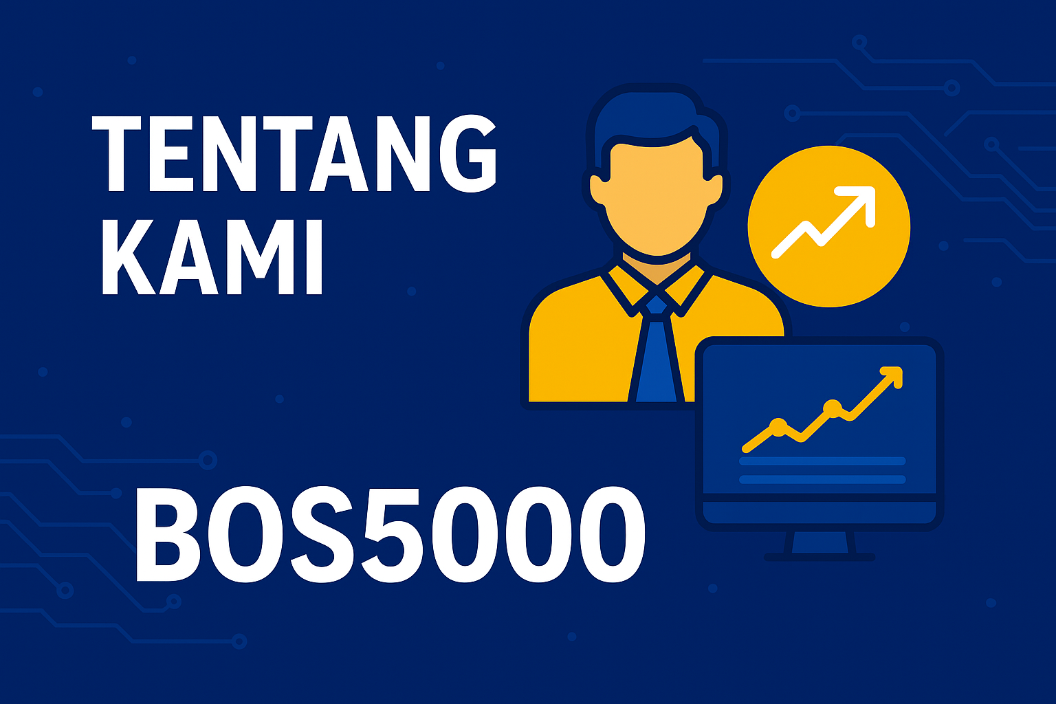 Ilustrasi halaman Tentang Kami BOS50000 dengan elemen teknologi digital, tim profesional, dan konsep inovasi modern.